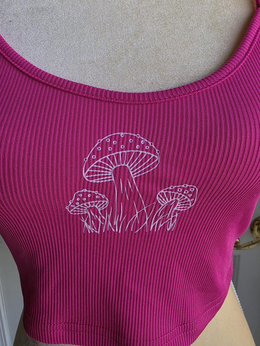 SHEIN Hot Pink Ribbed Crop Tank with Mushroom Graphic